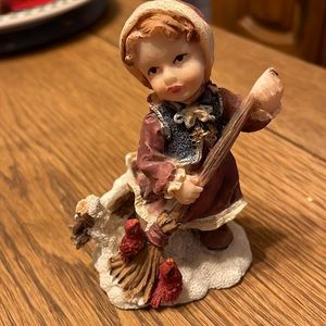 Lefton ceramic vintage figurine. Little girl sweeping with two cardinals.